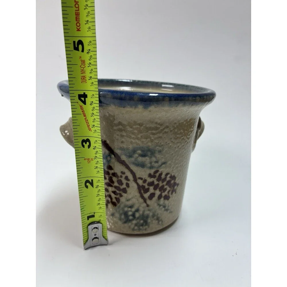 Handmade Two Handled Salt-Glazed 4” Crock With Blueberry Basket Design Country